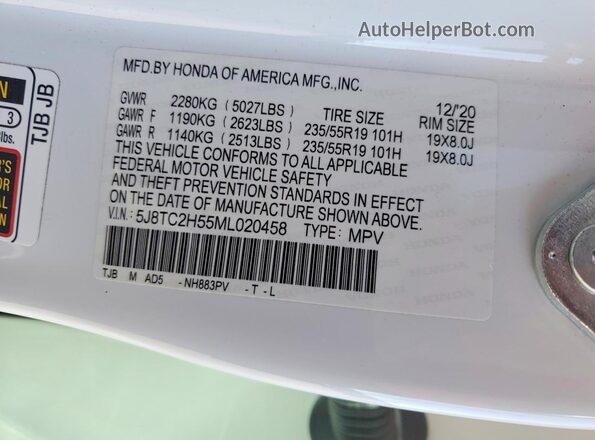 5J8TC2H55ML020458 2021 ACURA RDX White Vista de la etiqueta del VIN