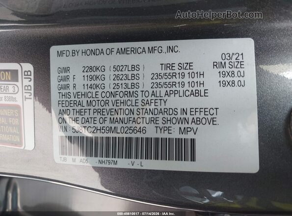 5J8TC2H59ML025646 2021 ACURA RDX Gray Շարժիչի բաժամունքի տեսք