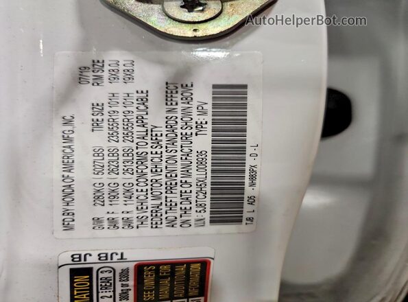 5J8TC2H5XLL008935 2020 ACURA RDX White Widok naklejki z numerem VIN