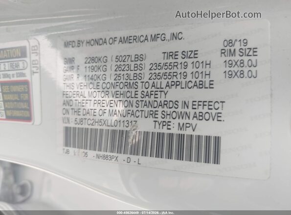 5J8TC2H5XLL011317 2020 ACURA RDX White Vista del compartimento del motor