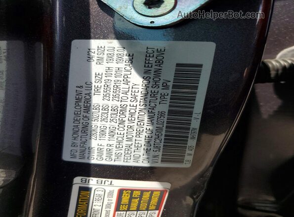 5J8TC2H5XML027566 2021 ACURA RDX Gray VIN sticker view