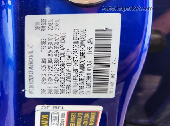 5J8TC2H61LL010386 2020 ACURA RDX Blue Vista de la etiqueta del VIN