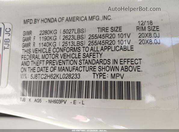 5J8TC2H62KL028233 2019 ACURA RDX White Engine compartment view