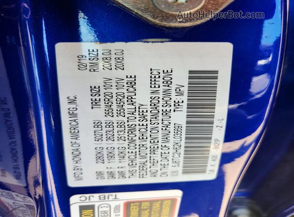 5J8TC2H62KL035697 2019 ACURA RDX Blue Vista del compartimento del motor