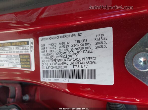 5J8TC2H63LL026301 2020 ACURA RDX Red Շարժիչի բաժամունքի տեսք