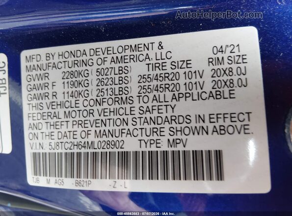 5J8TC2H64ML028902 2021 ACURA RDX Blue Vista del compartimento del motor