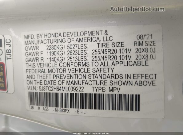 5J8TC2H64ML039222 2021 ACURA RDX White Vista del compartimento del motor