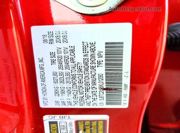 5J8TC2H65KL012060 2019 ACURA RDX Red ძრავის განყოფილების ხედი
