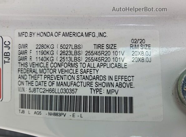 5J8TC2H66LL030357 2020 ACURA RDX White VIN sticker view