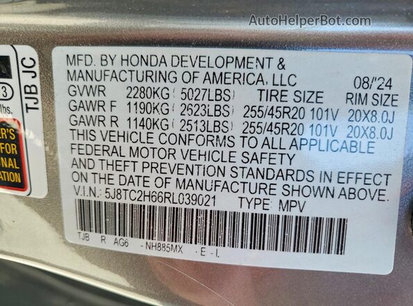5J8TC2H66RL039021 2024 ACURA RDX Gray Widok naklejki z numerem VIN