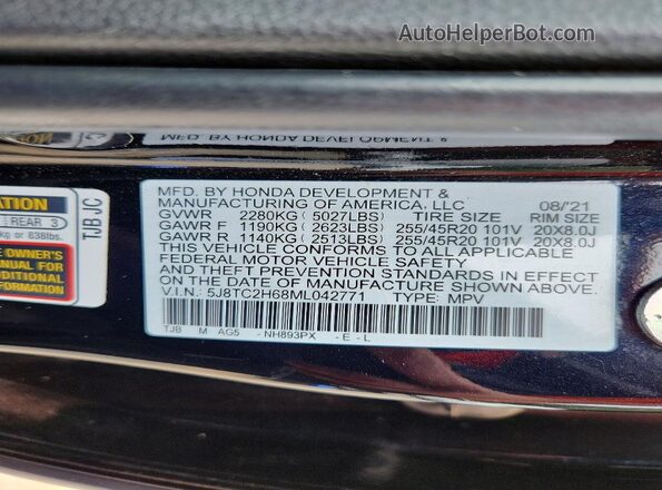 5J8TC2H68ML042771 2021 ACURA RDX Черный Вид наклейки с VIN-кодом