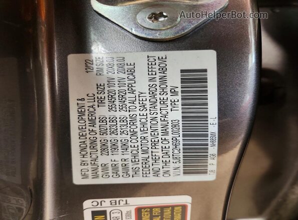 5J8TC2H69PL002803 2023 ACURA RDX Gray Вид наклейки з VIN-кодом