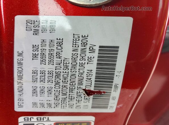 5J8TC2H70LL041914 2020 ACURA RDX Red ძრავის განყოფილების ხედი