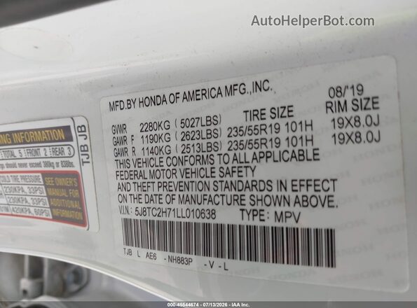 5J8TC2H71LL010638 2020 ACURA RDX White Vista del compartimento del motor