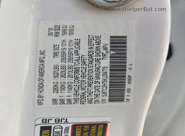 5J8TC2H75KL004775 2019 ACURA RDX White VIN sticker view