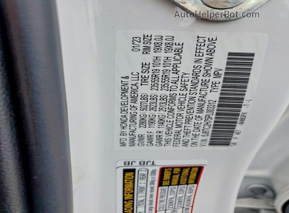 5J8TC2H75PL003312 2023 ACURA RDX White VIN კოდის სტიკერის ხედი
