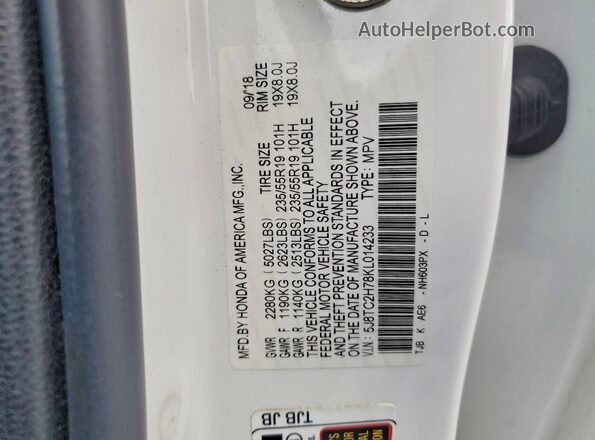 5J8TC2H78KL014233 2019 ACURA RDX White Vista del compartimento del motor