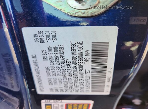 5J8TC2H79LL017207 2020 ACURA RDX Blue VIN կոդի պիտակի տեսք