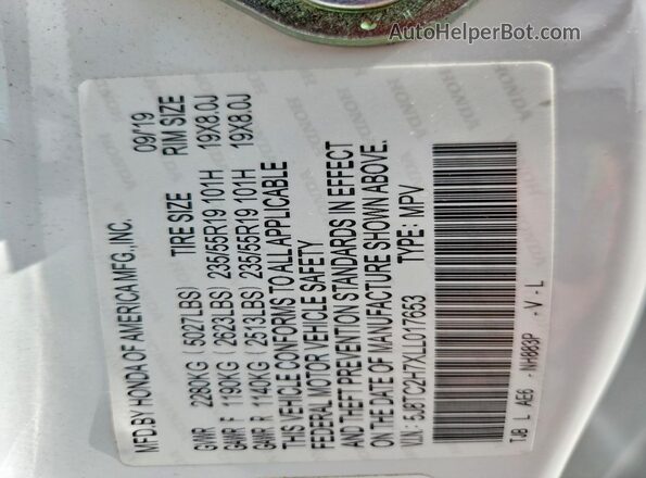 5J8TC2H7XLL017653 2020 ACURA RDX White VIN sticker view