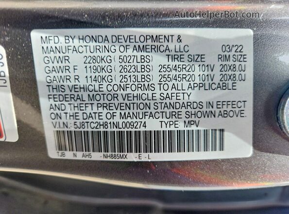 5J8TC2H81NL009274 2022 ACURA RDX Gray Widok naklejki z numerem VIN
