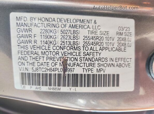 5J8TC2H84PL009997 2023 ACURA RDX Серый Вид наклейки с VIN-кодом