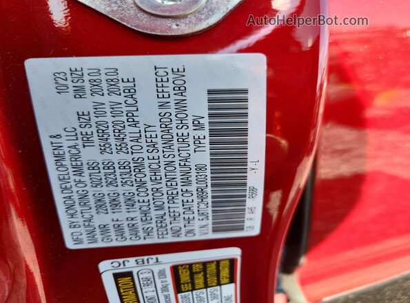 5J8TC2H89RL003180 2024 ACURA RDX Red VIN კოდის სტიკერის ხედი