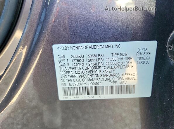 5J8YD3H35JL004974 2018 ACURA MDX Gray Engine compartment view