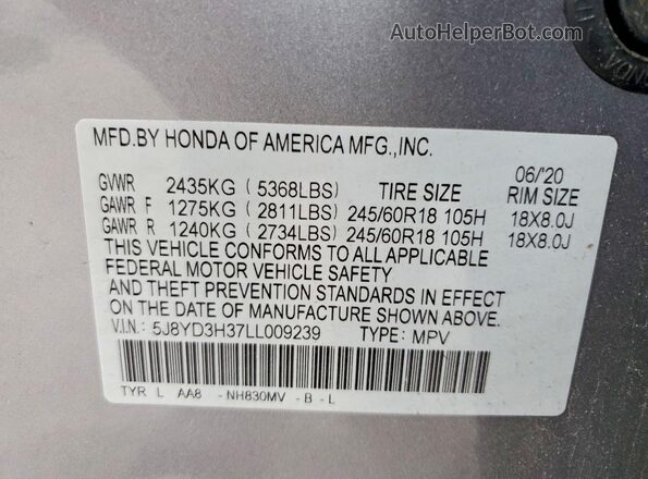 5J8YD3H37LL009239 2020 ACURA MDX Серебряный Вид наклейки с VIN-кодом