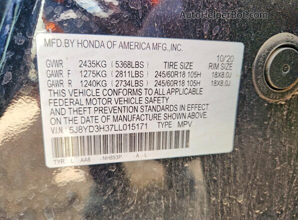 5J8YD3H37LL015171 2020 ACURA MDX Gray Widok wnętrza 360 stopni