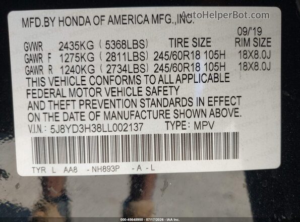 5J8YD3H38LL002137 2020 ACURA MDX Black Widok komory silnika