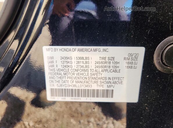 5J8YD3H38LL013493 2020 ACURA MDX Black Vista interior de 360 grados