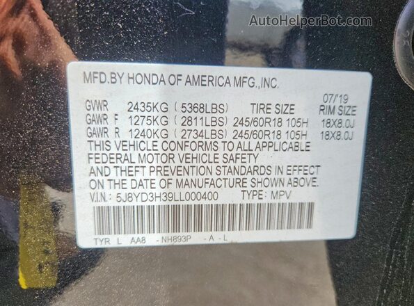 5J8YD3H39LL000400 2020 ACURA MDX Black Widok naklejki z numerem VIN