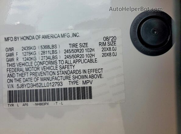 5J8YD3H52LL012793 2020 ACURA MDX White 360 interior view