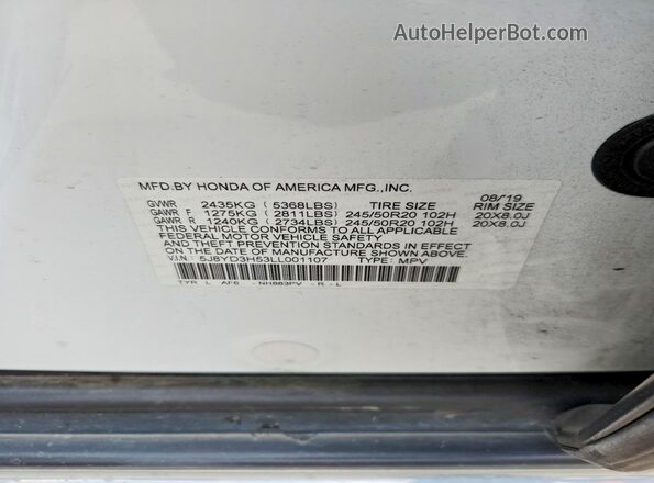 5J8YD3H53LL001107 2020 ACURA MDX White Engine compartment view