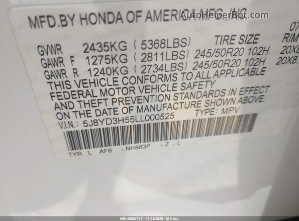 5J8YD3H55LL000525 2020 ACURA MDX White Vista del compartimento del motor