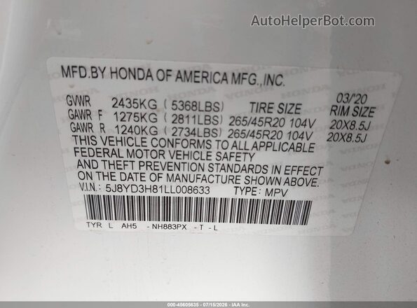 5J8YD3H81LL008633 2020 ACURA MDX White Vista del compartimento del motor