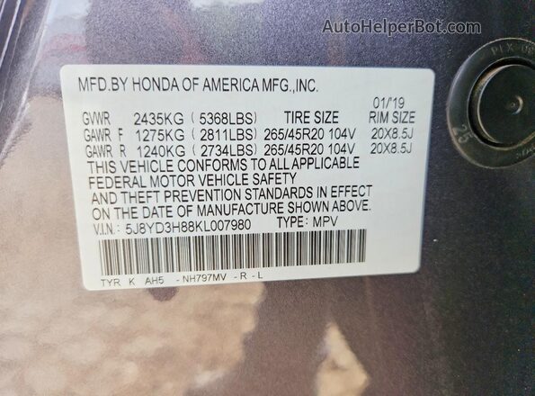 5J8YD3H88KL007980 2019 ACURA MDX Серый Вид наклейки с VIN-кодом