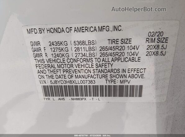 5J8YD3H8XLL007383 2020 ACURA MDX White Widok komory silnika