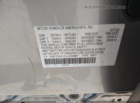 5J8YD4H01LL034987 2020 ACURA MDX Silver Շարժիչի բաժամունքի տեսք