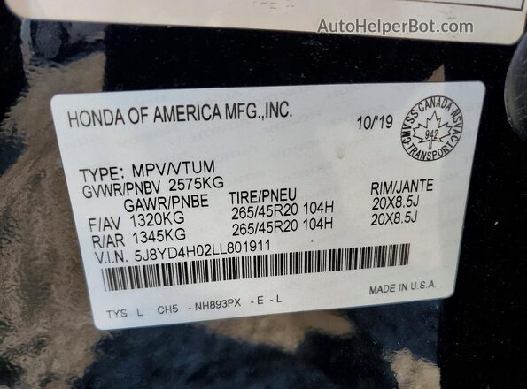 5J8YD4H02LL801911 2020 ACURA MDX Black VIN კოდის სტიკერის ხედი