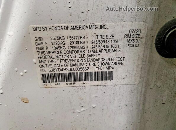 5J8YD4H30LL035882 2020 ACURA MDX White VIN sticker view