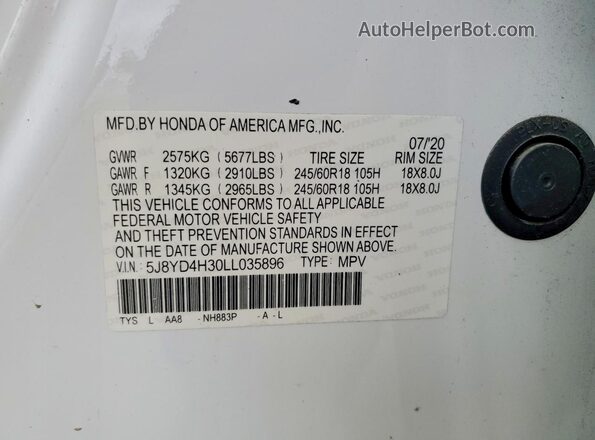 5J8YD4H30LL035896 2020 ACURA MDX White Vista del compartimento del motor