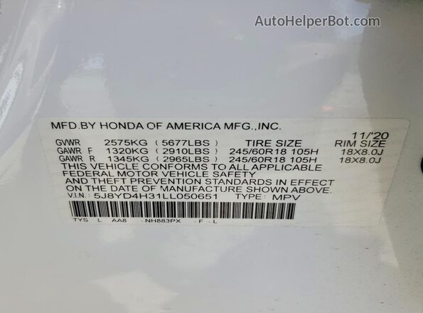 5J8YD4H31LL050651 2020 ACURA MDX White 360 interior view
