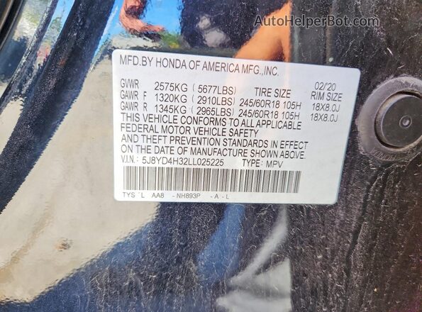 5J8YD4H32LL025225 2020 ACURA MDX Black VIN sticker view