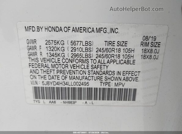 5J8YD4H34LL002495 2020 ACURA MDX White Vista del compartimento del motor
