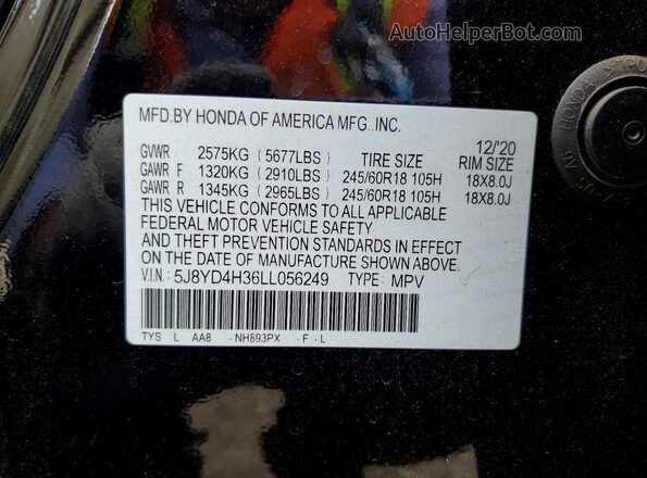 5J8YD4H36LL056249 2020 ACURA MDX Black VIN sticker view
