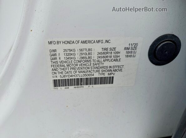 5J8YD4H37LL050654 2020 ACURA MDX White VIN կոդի պիտակի տեսք