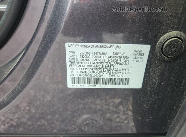 5J8YD4H39LL023097 2020 ACURA MDX Charcoal Vista de la etiqueta del VIN