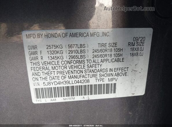 5J8YD4H39LL044208 2020 ACURA MDX Gray Engine compartment view