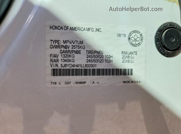 5J8YD4H41LL800901 2020 ACURA MDX White 360 interior view